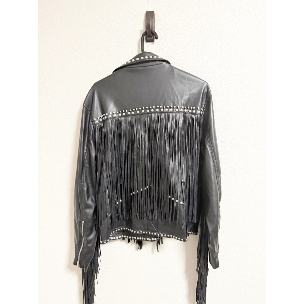 Nasty Gal Black Faux Leather Studded‎ Fringe Moto Jacket Asymmetric Zip Size 10 - Picture 2 of 5